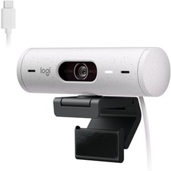 Webcam + Suporte Logitech Brio 500 Full HD, 1080p, 30 FPS, com Microfones Duplos, USB, Suporte Incluso, Branco - 960-001426