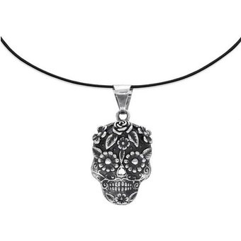 pakilia Fair-Trade Silber Totenkopf-Anhänger mit Silber- od. Kautschukkette