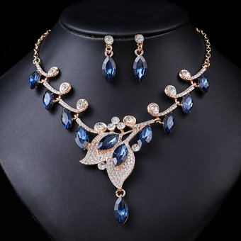 AAAAA Cubic Zirconia Wedding Jewellery Set for Women Party Prom Leaf Crystal Teardrop Cluster Statement Necklace Dangle Earrings Set