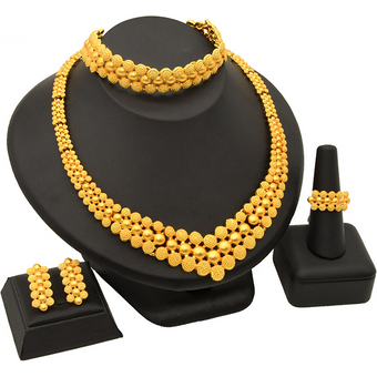 Cross-border Dubai Bridal Necklace Earrings Ring Bracelet Four-piece Nigerian Women's Gold Jewelry Set