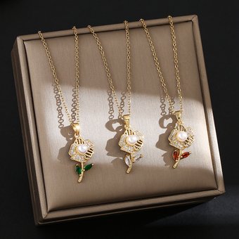 Net-red Lily Necklace, Small and Luxury New Design, Pearl Zircon Pendant, Temperament, Titanium Steel Necklace, Female