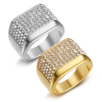 Trendy Nightclub Hip-Hop Stainless Steel Gold-Plated Full Diamond Men's Ring