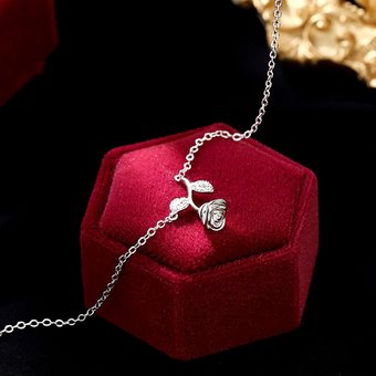 Sier VENUS Sterling Fashion Flash Diamond Rose Necklace Female Small Leaf Flower Pendant Necklace Clavicle