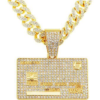 Men's Hip Hop Full Iced Out Credit Card Pendant Necklace With 13mm Width Cuban Chain Gold Color Necklaces Charm CZ Jewelry Gift