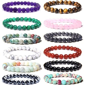 2PCS 8mm Tiger Eye Powder Crystal Volcano Stone Amethyst Hematite Red Agate Elastic Bead Bracelet