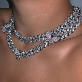 Explosions 12mm Hip-hop Diamond-encrusted Cuban Butterfly Necklace Women's Clavicle Chain for Men and Women