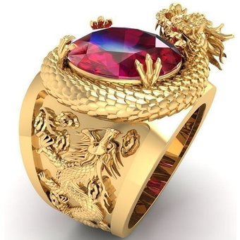 Huitan Luxury Gold Color Dragon Pattern Men Rings Inlaid Big Oval Red Stone Noble Wedding Party Finger Rings Male Trendy Jewelry