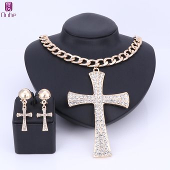 Ethiopian Cross Jewelry Set Crystal Rhinestone Necklace Earrings Africa Wedding Gifts Jewellery
