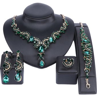 Luxury Statement Necklace Earrings Bracelet Ring Jewelry Sets for Women Crystal Bib Gold Color Chain Bridal Jewellery
