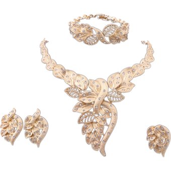 African Dubai Gold Jewelry Nigerian Crystal Necklace Hoop Earrings Ring Women Italian Bridal Jewelry Sets Wedding Accessories