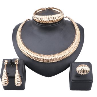 Women African Beads Jewelry Set Wedding Choker Necklace Earring Bangle Ring Bridal Dubai Gold Color Jewellery Sets