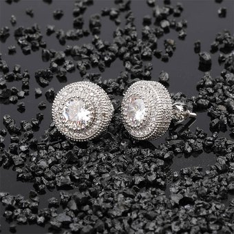 Popular Sterling Silver Round Full Zircon Hip Hop Personality Earrings Men And Women Trendy Earrings