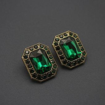Women's Earrings Foreign Trade Jewelry Czech Large Rhinestone Inlaid Emerald Gemstone Earrings Silver Needle Old Middle Ages