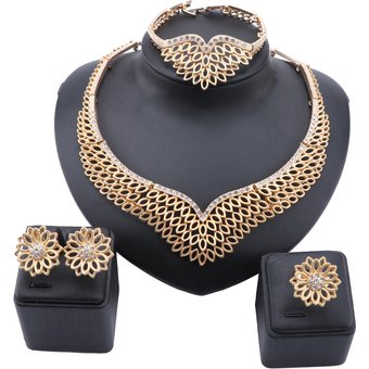 Women African Beads Jewelry Set Wedding Choker Necklace Earring Bridal Dubai Gold Color Crystal Jewellery Sets