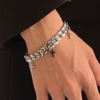 Men's Fashionable Temperament Simple Bracelet Versatile Style Titanium Steel Cross Pendant Trendy Hip Hop Cool Korean