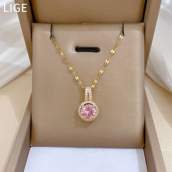 【 Titanium Steel 】 Water Droplet Round Zircon Light Luxury Temperament Gorgeous Full Diamond Necklace Women's Versatile