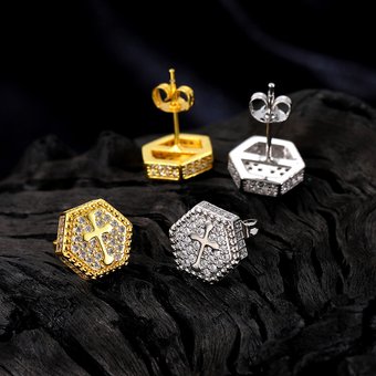 Cross Zircon for Men's Hexagonal Gold Plated Full Diamond Hip Hop Earrings
