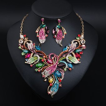 Exaggerated Painting Oil Crystal Drill Necklace Earrings Set Dress Bridal Banquet Women's Accessories