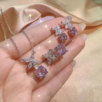 lovely pink zircon clover designer earrings necklaces women girls sweet love shining crystal diamond elegant earings ear