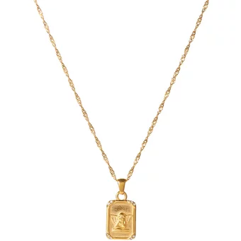 Designer French Vintage Necklace for Women Square Relief Angel Pendant Titanium Steel Gold Party Travel Summer Jewelry