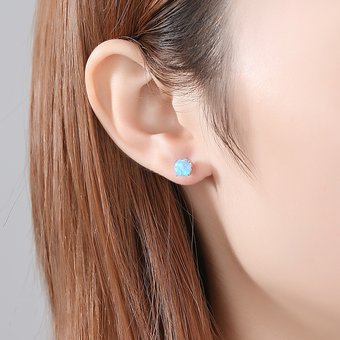 Classic Round Fire Opal Stud Earrings for Women Fine Sterling Silver Oorbellen Voor Vrouwen Girl Party