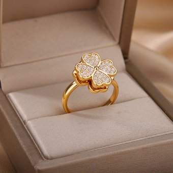 Fashion Zircon Rotatable Four Leaf Clover Anxiety Rings For Women Stainless Steel Anti-Stress Fidget Spinner Ring Aesthetic