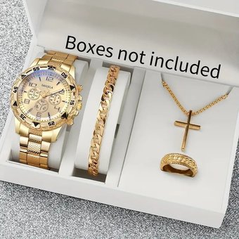 Men's Gold Tone 4-Piece Jewelry Set With Stainless Steel Watch, Chain Bracelet, Cross Pendant Necklace & Ring - Alloy Unisex Accessories (Gold Color)