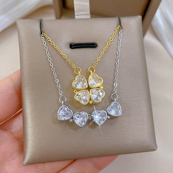 【 】 Women's New Necklace, Two piece to Heart Opening Four Leaf Flower Full Diamond Versatile Clavicle Chain, Titanium