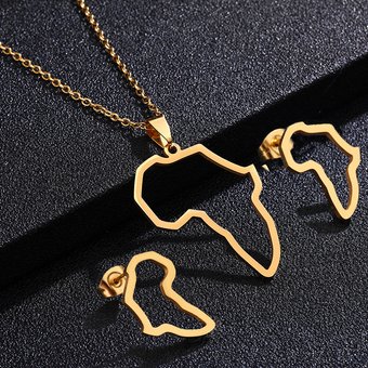 Fashion Stainless Steel Women's Africa Map Pendant Necklace Titanium Steel Africa Map Pendant Earrings Two-piece Set