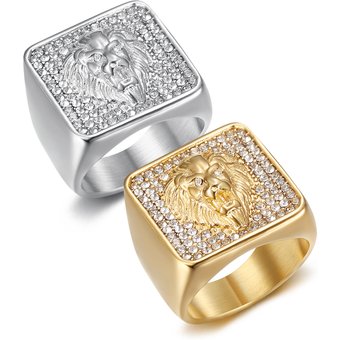 Single Rings New Hip Hop HIPHOP Jewelry Titanium Steel Gold Plated Full Diamond Domineering Lion Head Men's Ring