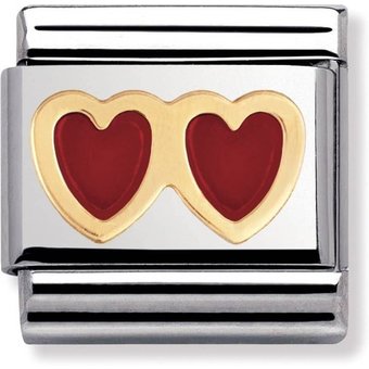 Nomination Classic - LOVE Edelstahl, Email und 18K-Gold (Doppeltes Herz ROT/ROT)