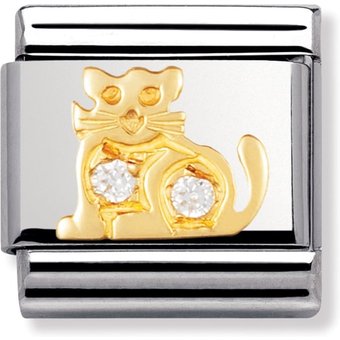 Nomination Classic - TIERE - LAND Edelstahl, 18K-Gold und Cubic Zirc. (Katze WEISS)