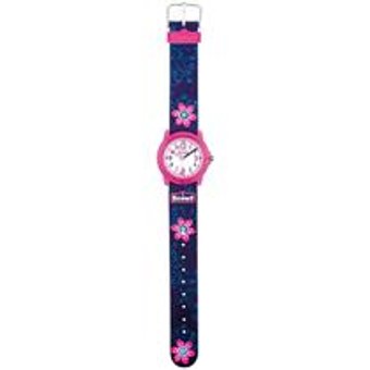 Mädchenuhr aus Kunststoff mit Blumen, blau, pink