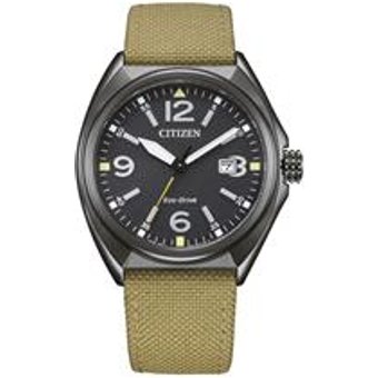Eco-Drive Uhr, grünes Textilband, Edelstahl, IP Black