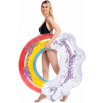 Piscine gonflable 117 x 112 x 35 cm Flotteur de piscine gonflable géant arc-en-ciel avec paillettes à l'intérieur,chaise longue de radeau de piscine