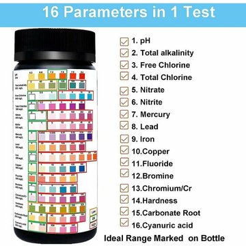 Kit de test de l'eau potable piscine WAHAISON 16 en 1, bandelettes de test pour la dureté, l'eau du robinet et de puits