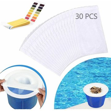 30 Chaussettes de Skimmer de Piscine, Filtres Élastiques avec Bandelettes de Test PH, Filet D'écumoire, Filtre Chaussette Skimmer Piscine pour Panier