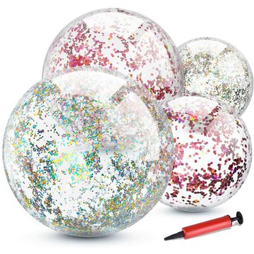 4 Pack TUMALAGIA Ballon de Plage Pailleté Gonflable Confetti Piscine Balles en Vrac pour Fête Estivale Favoris Jouets de Piscine avec Gonfleur