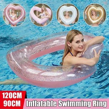 Anneau de natation gonflable en forme de cœur CADEAUX Sequin PVC épais transparent Jouets d'eau piscine Sequin Anneau de natation en forme de cœur Rose Gold 90 cm