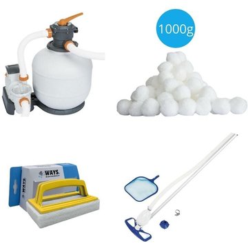 Bestway - Aspirateur de piscine AquaClean & Pompe filtre à sable 8327 L/h & Boules filtrantes 1000 g & Brosse à récurer - blanche