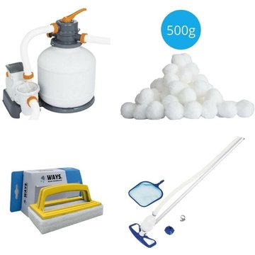 Aspirateur de piscine Bestway AquaClean & Pompe filtre à sable 5678 L/h & Boules filtrantes 500 g & Brosse à récurer - blanche