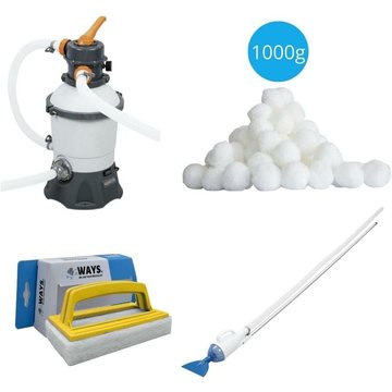 Aspirateur de piscine Bestway AquaCrawl & Pompe filtre à sable 3028 L/h & Boules filtrantes 1000 g & Brosse à récurer Ways - blanche