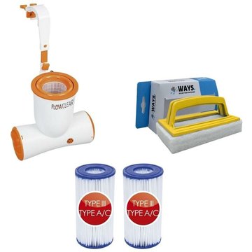 Bestway - Écumoire de surface pour piscine 2574 L/u & 2 Filtres Type III & Brosse à récurer - Blanche
