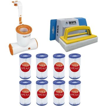 Écumoire de surface Bestway 3974 L/h & 8 Filtres Type III & Brosse à récurer pour piscine - blanche