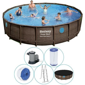 Piscine Power Steel Swim Vista tubulaire avec pompe de filtration et accessoires - 549x122 cm - Impression sur bois - Ronde - Marron - Bestway