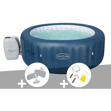 Kit spa gonflable Bestway Lay-Z-Spa Milan rond Airjet Plus 4/6 places + 2 appuie-têtes + Kit de nettoyage - Bleu