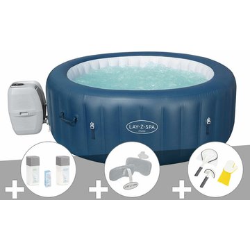 Kit spa gonflable Bestway Lay-Z-Spa Milan rond Airjet Plus 4/6 places + Kit traitement brome + 2 appuie-têtes + Kit de nettoyage - Bleu