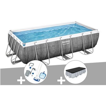 Kit piscine tubulaire rectangulaire Bestway Power Steel 4,04 x 2,01 x 1,00 m + Kit d'entretien Deluxe + Bâche de protection - Gris
