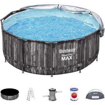 Piscine hors sol ronde Steel Pro Max™ 366 x 122 cm effet bois avec filtre à cartouche, auvent, échelle, bâche Bestway