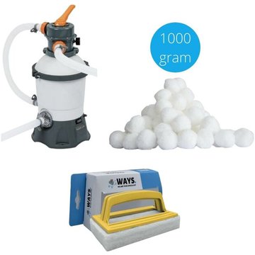 Bestway - Pompe filtre à sable pour piscine 3028 L/h & Boules filtrantes 1000 grammes & Brosse à récurer WAYS - blanche